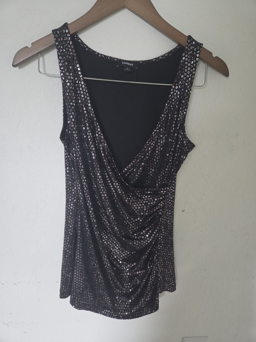 Express Women's Black Sequin Draped V-Neck Tank Y2K